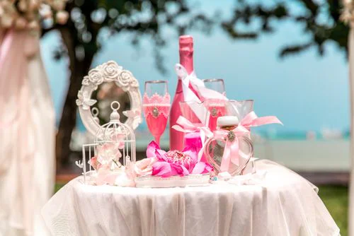 Pink classic floral wedding arch, Vika and Vitya, Phuket — photo 2
