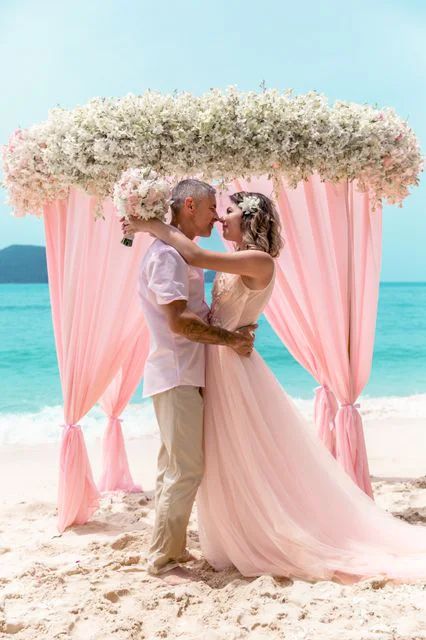 Pink geometric wedding arch, Misha and Larisa, Phuket — photo 22