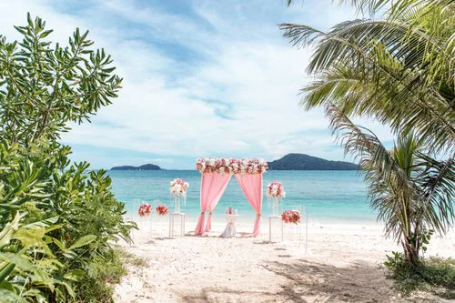 Pink geometric bamboo wedding arch, Olga and Vitalii, Phuket — photo 3