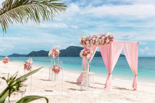 Pink geometric bamboo wedding arch, Olga and Vitalii, Phuket — photo 5