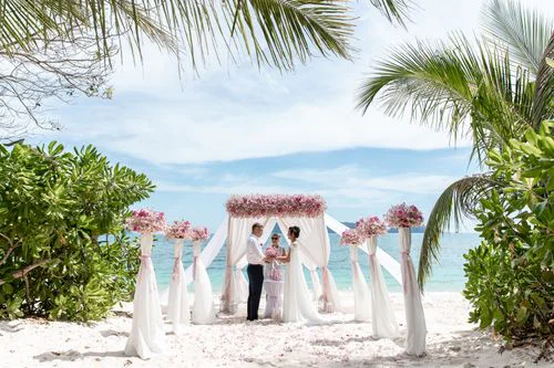Pink and fuchsia geometric bamboo wedding arch, Phuket — photo 8