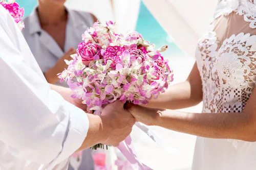 Pink and fuchsia geometric bamboo wedding arch, Phuket — photo 10