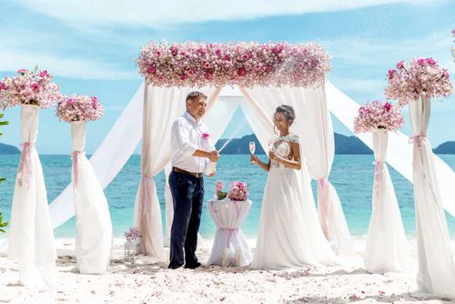 Pink and fuchsia geometric bamboo wedding arch, Phuket — photo 16