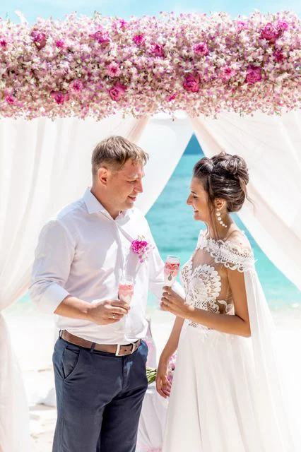 Pink and fuchsia geometric bamboo wedding arch, Phuket — photo 17