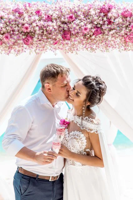 Pink and fuchsia geometric bamboo wedding arch, Phuket — photo 18