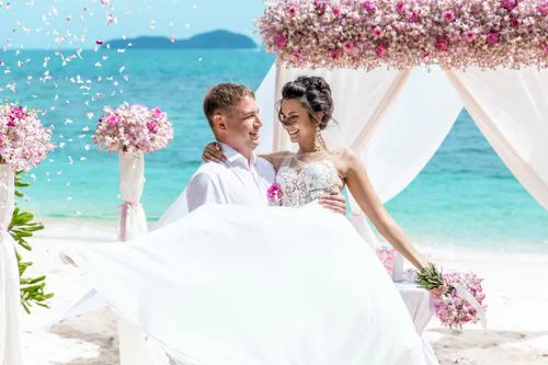 Pink and fuchsia geometric bamboo wedding arch, Phuket — photo 19