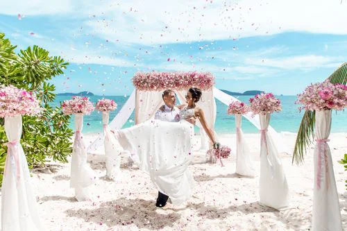 Pink and fuchsia geometric bamboo wedding arch, Phuket — photo 20