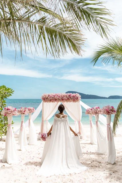 Pink and fuchsia geometric bamboo wedding arch, Phuket — photo 21