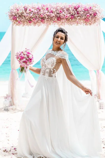 Pink and fuchsia geometric bamboo wedding arch, Phuket — photo 22