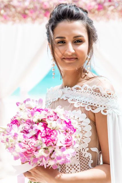 Pink and fuchsia geometric bamboo wedding arch, Phuket — photo 24