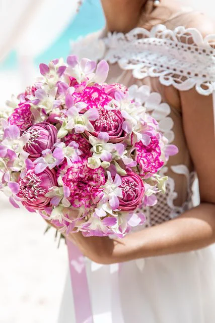 Pink and fuchsia geometric bamboo wedding arch, Phuket — photo 25