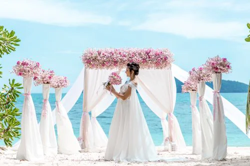 Pink and fuchsia geometric bamboo wedding arch, Phuket — photo 26