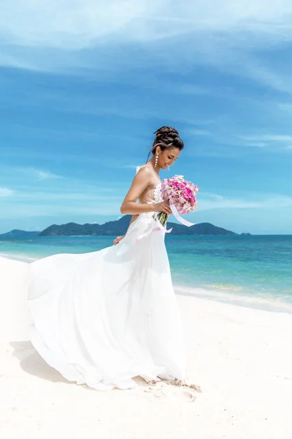 Pink and fuchsia geometric bamboo wedding arch, Phuket — photo 29