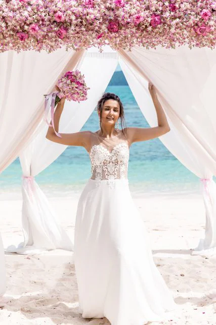 Pink and fuchsia geometric bamboo wedding arch, Phuket — photo 35