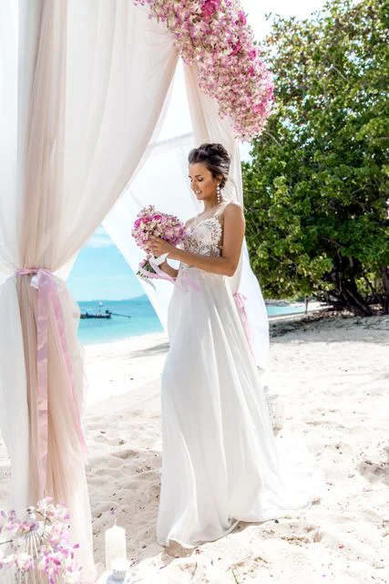 Pink and fuchsia geometric bamboo wedding arch, Phuket — photo 36