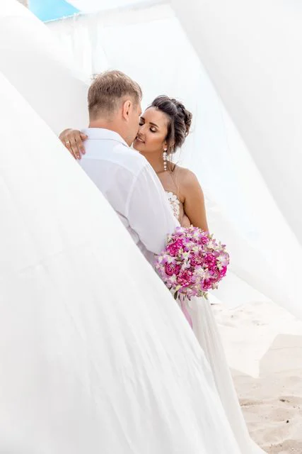 Pink and fuchsia geometric bamboo wedding arch, Phuket — photo 37