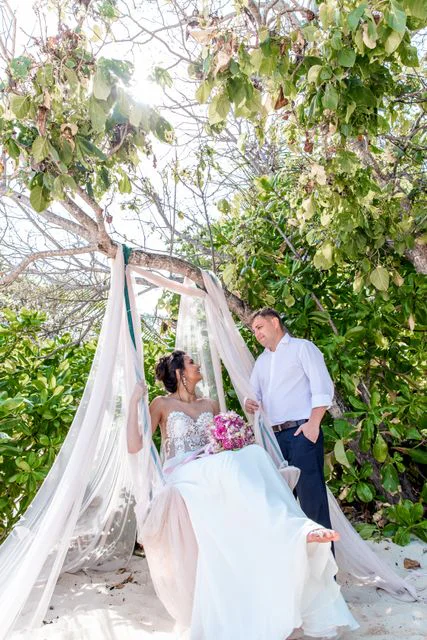 Pink and fuchsia geometric bamboo wedding arch, Phuket — photo 40