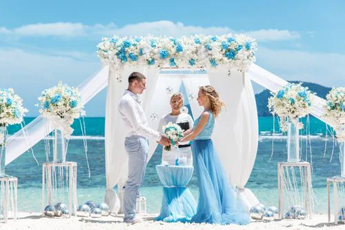White and turquoise geometric bamboo wedding arch in Phuket — Mariya and Maksim, Phuket — photo 12