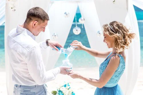 White and turquoise geometric bamboo wedding arch in Phuket — Mariya and Maksim, Phuket — photo 14