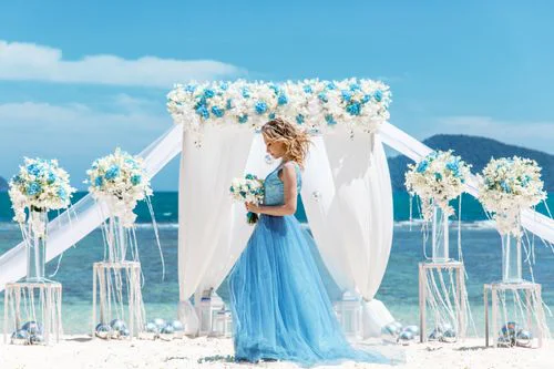 White and turquoise geometric bamboo wedding arch in Phuket — Mariya and Maksim, Phuket — photo 32