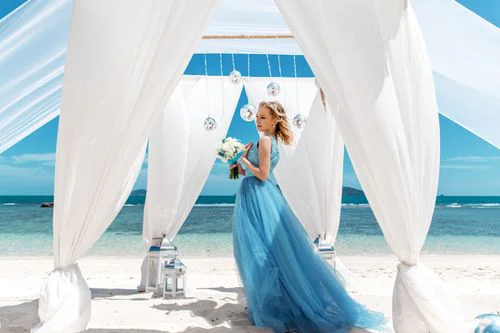 White and turquoise geometric bamboo wedding arch in Phuket — Mariya and Maksim, Phuket — photo 38