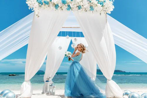 White and turquoise geometric bamboo wedding arch in Phuket — Mariya and Maksim, Phuket — photo 39
