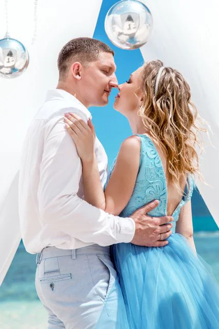 White and turquoise geometric bamboo wedding arch in Phuket — Mariya and Maksim, Phuket — photo 45