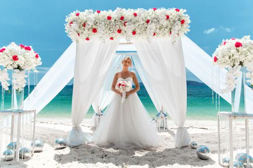 White and red geometric bamboo wedding arch, Phuket — photo 24