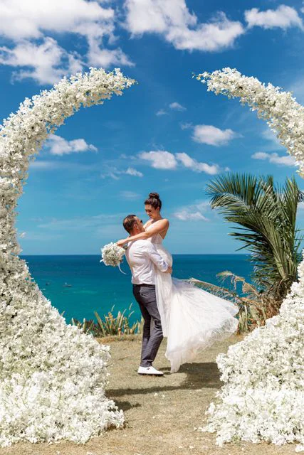 White round floral wedding arch, Daniil and Evgeniya, Phuket — photo 38
