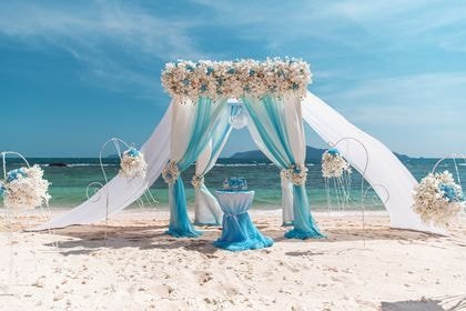 Bamboo Tent with White, Blue, Turquoise — top coverage — Phuket wedding decoration