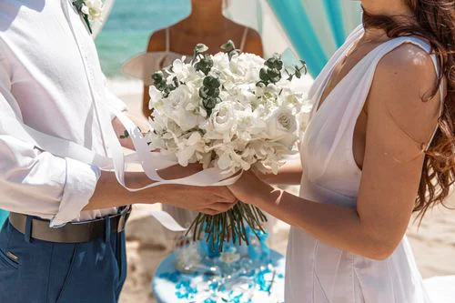 White, blue and turquoise geometric bamboo wedding arch in Phuket — Sasha and Viktoriya, Phuket — photo 8