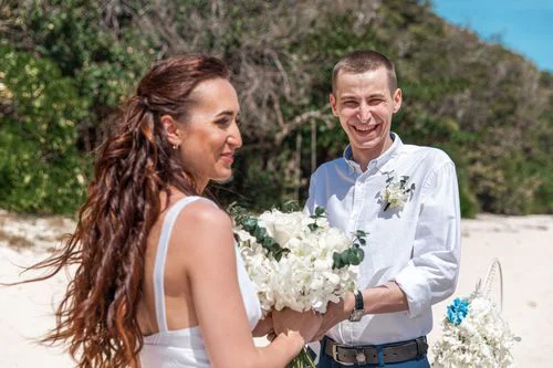 White, blue and turquoise geometric bamboo wedding arch in Phuket — Sasha and Viktoriya, Phuket — photo 10