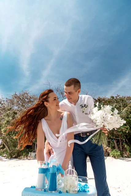 White, blue and turquoise geometric bamboo wedding arch in Phuket — Sasha and Viktoriya, Phuket — photo 12