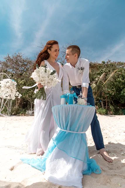 White, blue and turquoise geometric bamboo wedding arch in Phuket — Sasha and Viktoriya, Phuket — photo 13