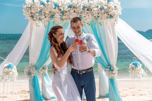 White, blue and turquoise geometric bamboo wedding arch in Phuket — Sasha and Viktoriya, Phuket — photo 20
