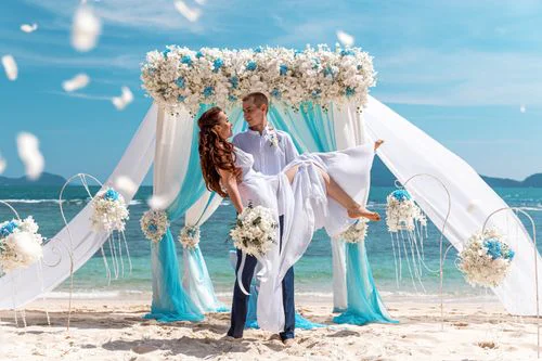 White, blue and turquoise geometric bamboo wedding arch in Phuket — Sasha and Viktoriya, Phuket — photo 22