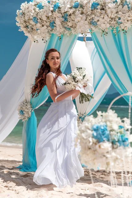 White, blue and turquoise geometric bamboo wedding arch in Phuket — Sasha and Viktoriya, Phuket — photo 27