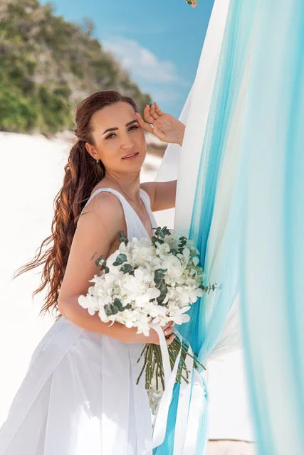White, blue and turquoise geometric bamboo wedding arch in Phuket — Sasha and Viktoriya, Phuket — photo 28