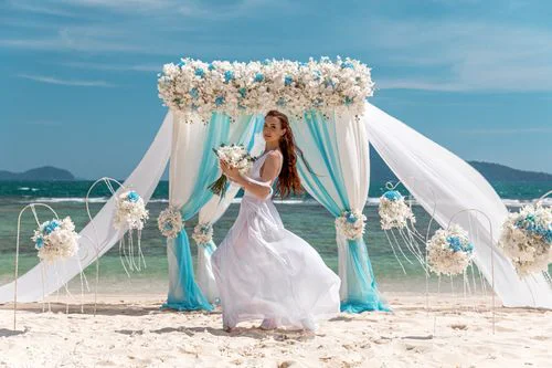 White, blue and turquoise geometric bamboo wedding arch in Phuket — Sasha and Viktoriya, Phuket — photo 29