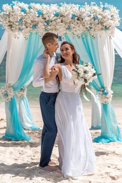 White, blue and turquoise geometric bamboo wedding arch in Phuket — Sasha and Viktoriya, Phuket — photo 30