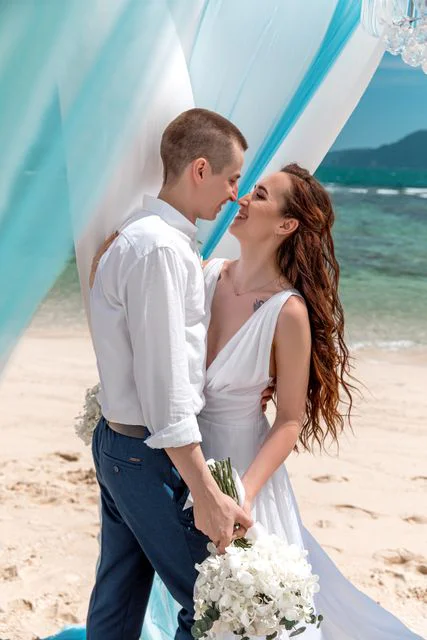 White, blue and turquoise geometric bamboo wedding arch in Phuket — Sasha and Viktoriya, Phuket — photo 31