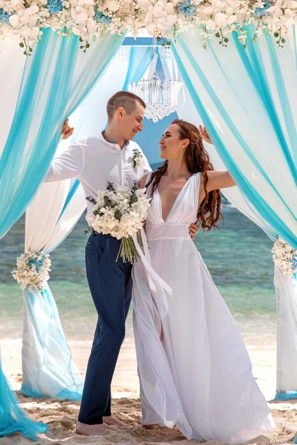 White, blue and turquoise geometric bamboo wedding arch in Phuket — Sasha and Viktoriya, Phuket — photo 33