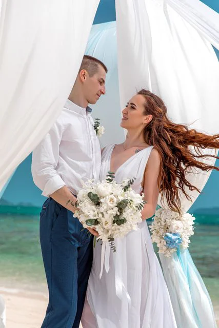 White, blue and turquoise geometric bamboo wedding arch in Phuket — Sasha and Viktoriya, Phuket — photo 34