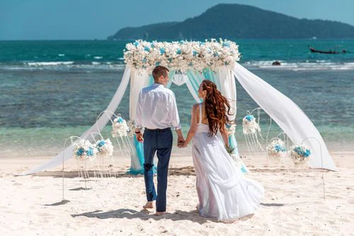 White, blue and turquoise geometric bamboo wedding arch in Phuket — Sasha and Viktoriya, Phuket — photo 36