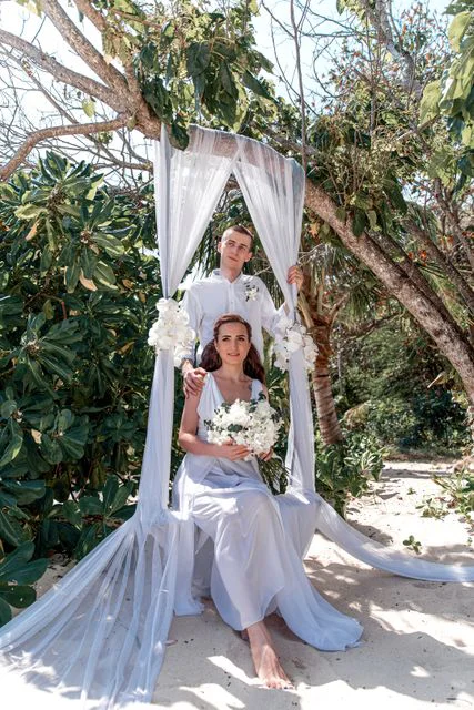White, blue and turquoise geometric bamboo wedding arch in Phuket — Sasha and Viktoriya, Phuket — photo 37