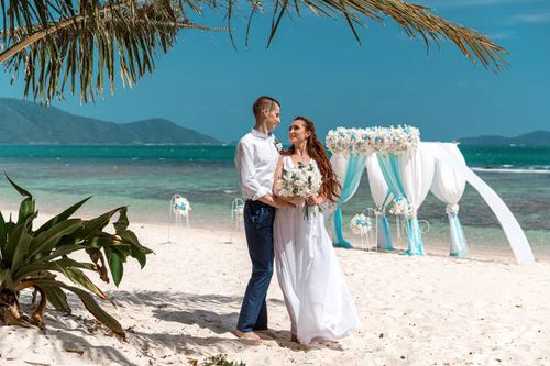 White, blue and turquoise geometric bamboo wedding arch in Phuket — Sasha and Viktoriya, Phuket — photo 39