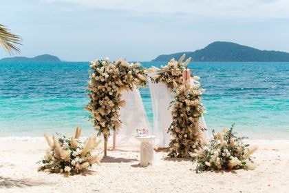 Boho Arch with White, Cream, Green — full coverage — Phuket wedding decoration